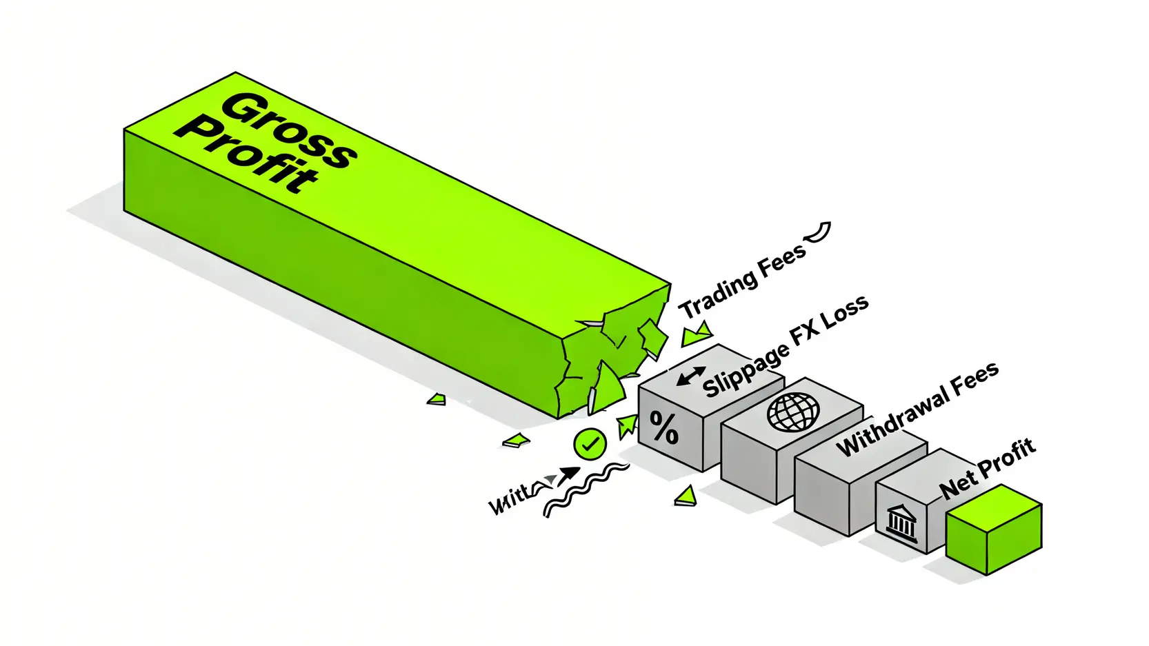 一張概念圖,展示了比特幣的毛利潤如何被交易手續費、滑點、匯損等成本侵蝕,最終剩下淨利潤的過程。