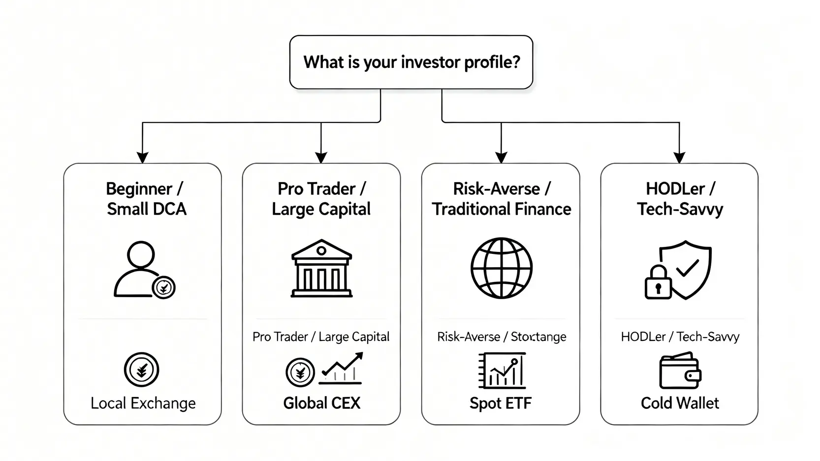 一張投資管道選擇流程圖,根據投資者類型(新手、專業交易者、風險規避者、長期持有者)推薦合適的平台(本地交易所、全球交易所、現貨ETF、冷錢包)。