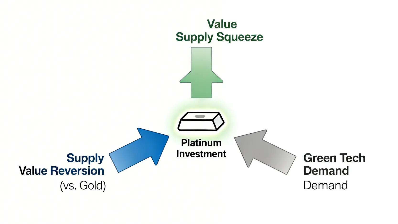 一張概念圖,展示了2026年投資白金的三重核心邏輯:供給緊縮、價值回歸和綠色科技需求。