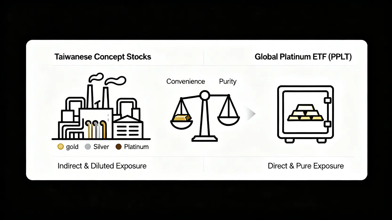 一張對比圖,比較台灣白金概念股與海外白金ETF。左邊是間接、複雜的曝險,右邊是直接、純粹的曝險。