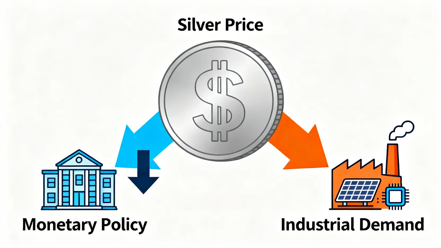 一張概念圖說明驅動白銀價格上漲的兩大因素:左側為代表降息的金融政策,右側為代表太陽能和晶片需求的工業應用。