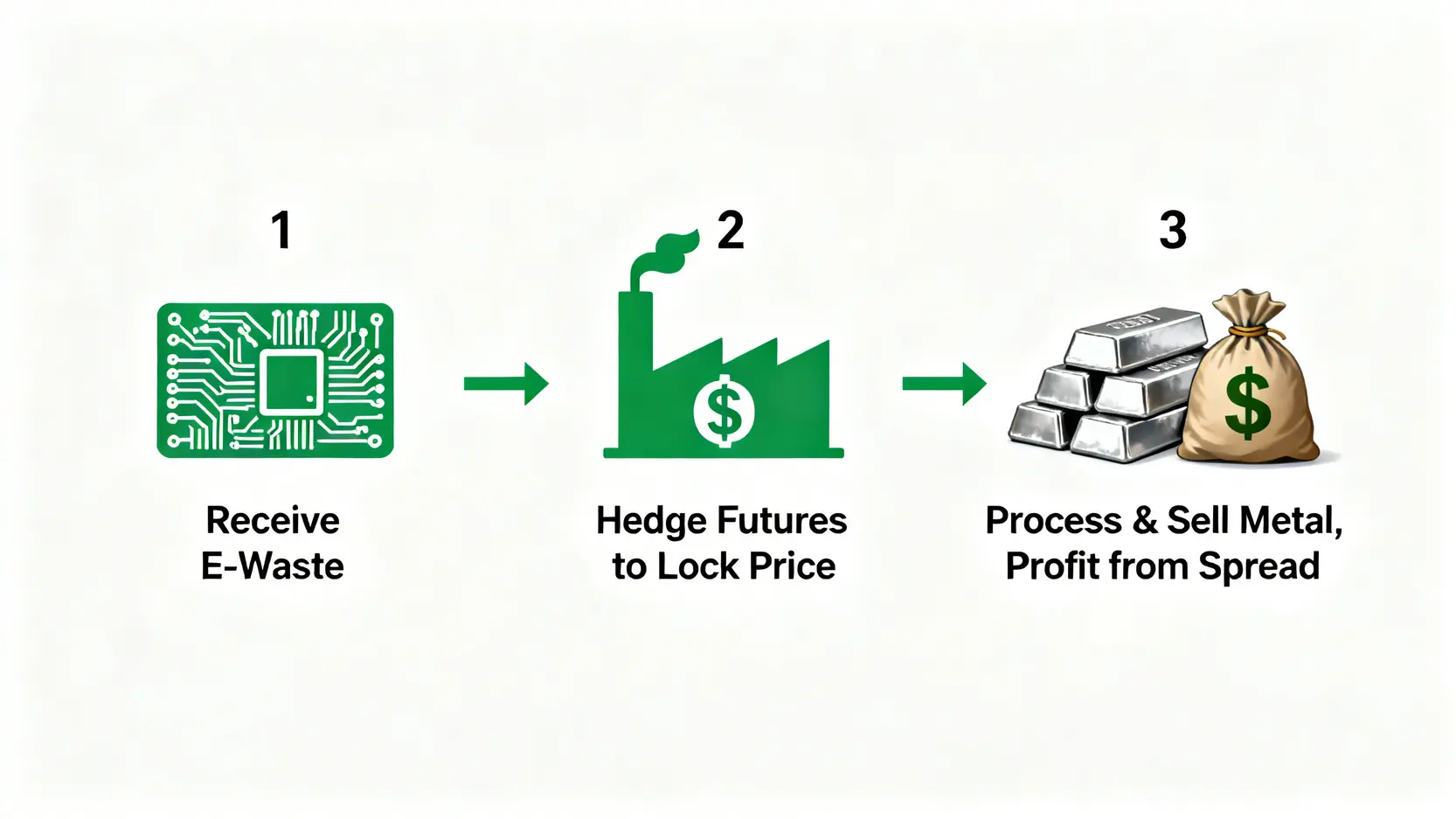 一張流程圖解釋貴金屬回收廠的獲利模式,包含三個步驟:收到電子廢料、透過期貨鎖定價格、提煉金屬並賺取穩定價差。