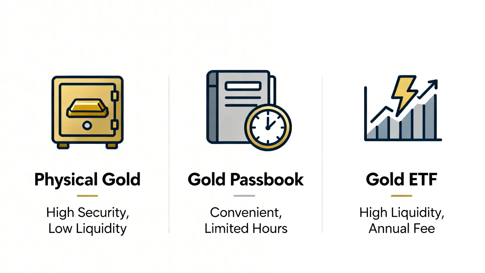 三大黃金投資管道對比圖,比較實體黃金、黃金存摺與黃金ETF在安全性、流動性與便利性上的差異。