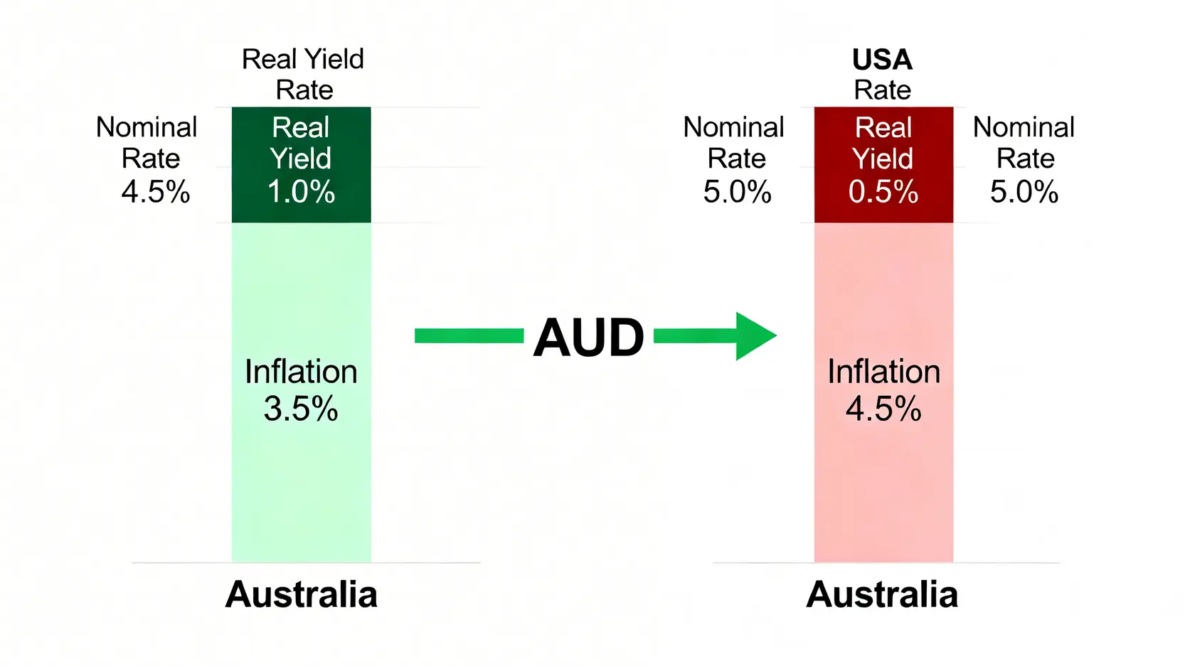 美澳真實收益率對比圖,顯示澳洲名目利率雖較低,但扣除通膨後,其真實收益率反而高於美國。