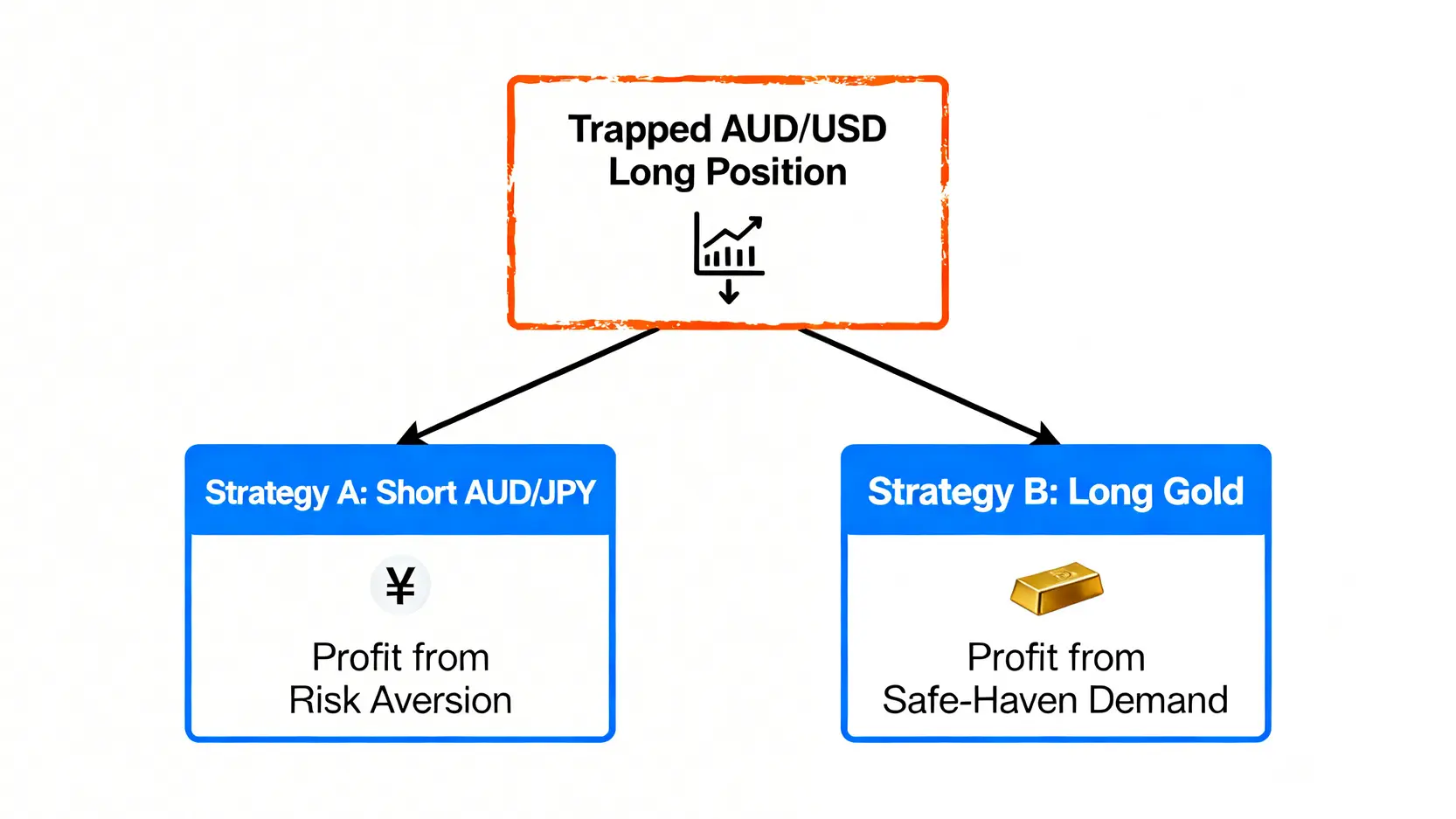 澳幣多單虧損的兩種對沖策略示意圖:做空澳幣兌日幣以利用避險情緒,或做多黃金以利用避險需求。