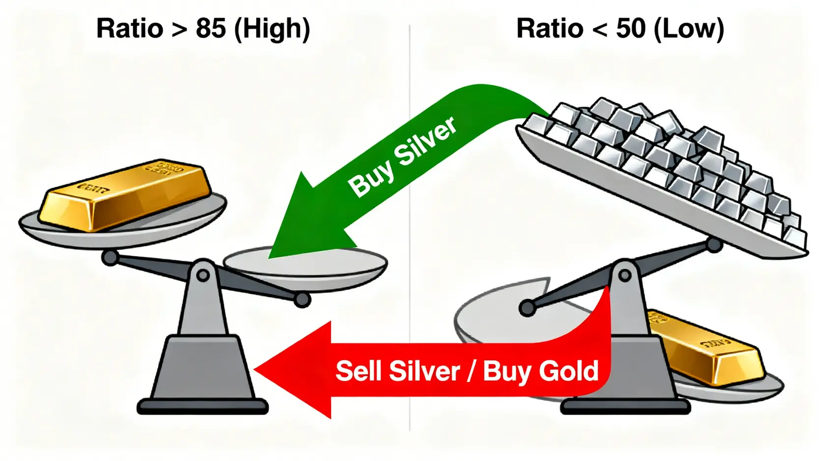 金銀比動態再平衡策略示意圖,顯示當比率過高時買入白銀,比率過低時賣出白銀或買入黃金。