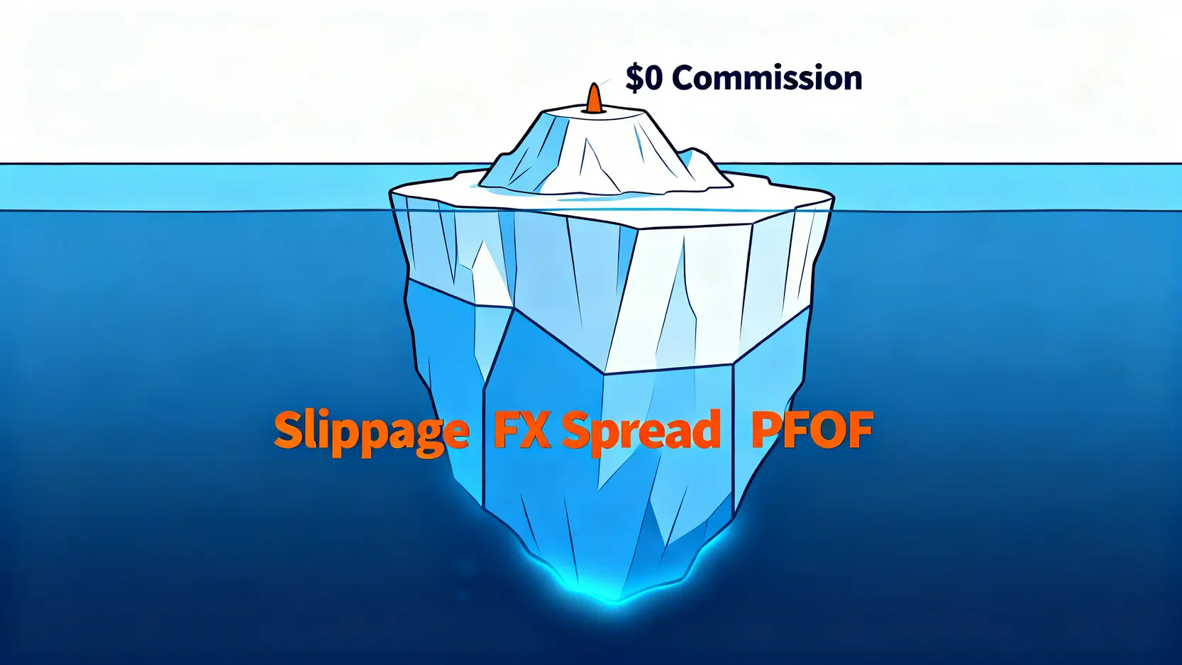 零手續費背後的隱藏成本冰山圖,顯示滑點、換匯利差和訂單流支付才是真正的交易成本。