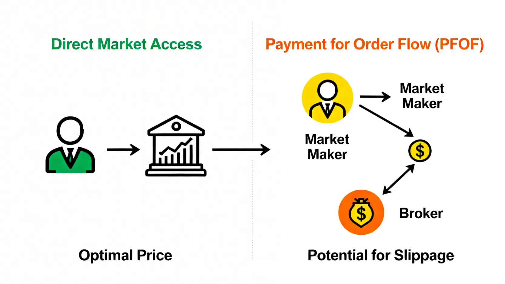 訂單流支付(PFOF)與直接市場接入(DMA)的流程對比圖,解釋了不同券商訂單執行品質差異的原因。