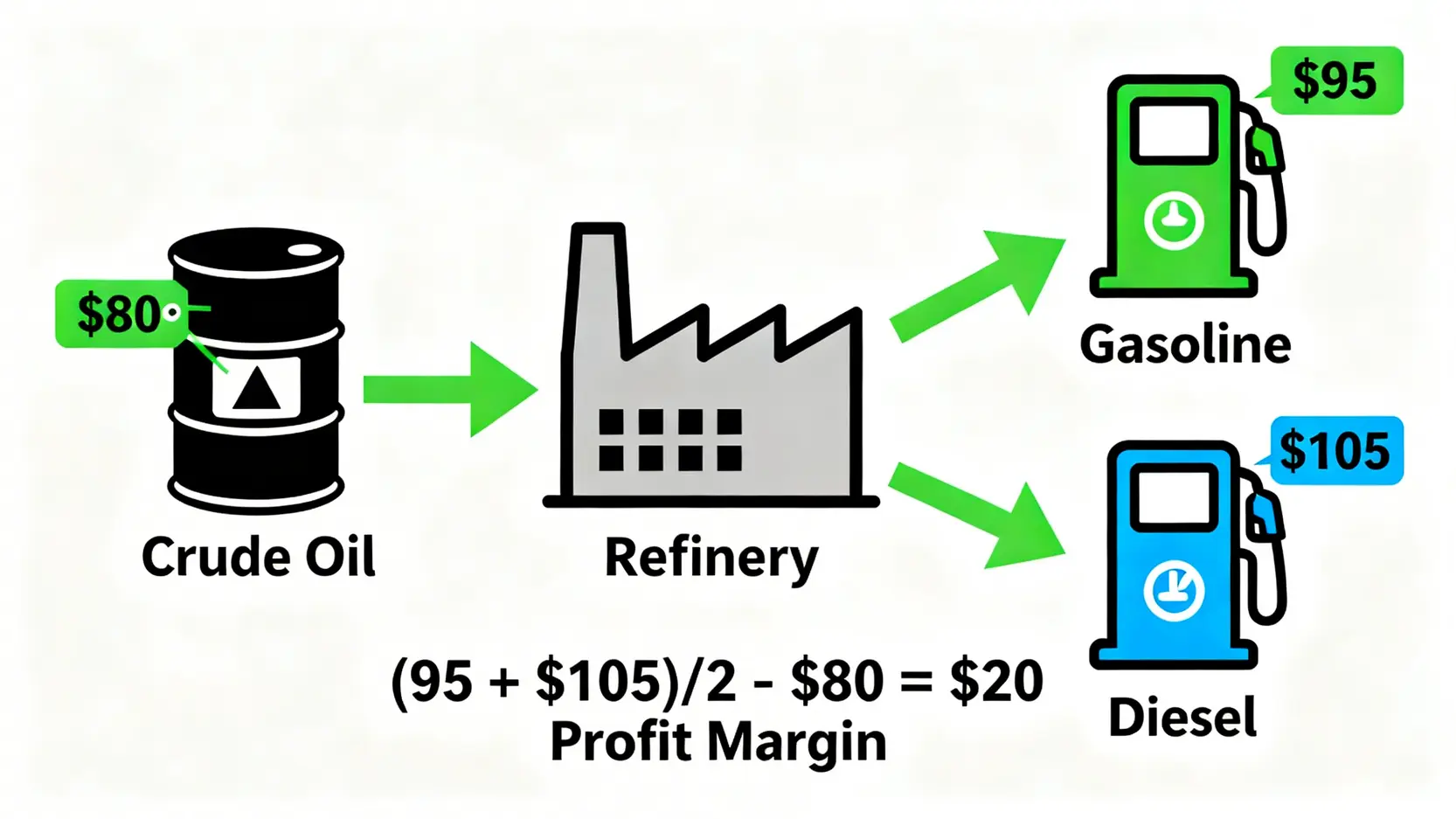 煉油利差概念示意圖,顯示原油成本與汽柴油成品價格之間的利潤差距。