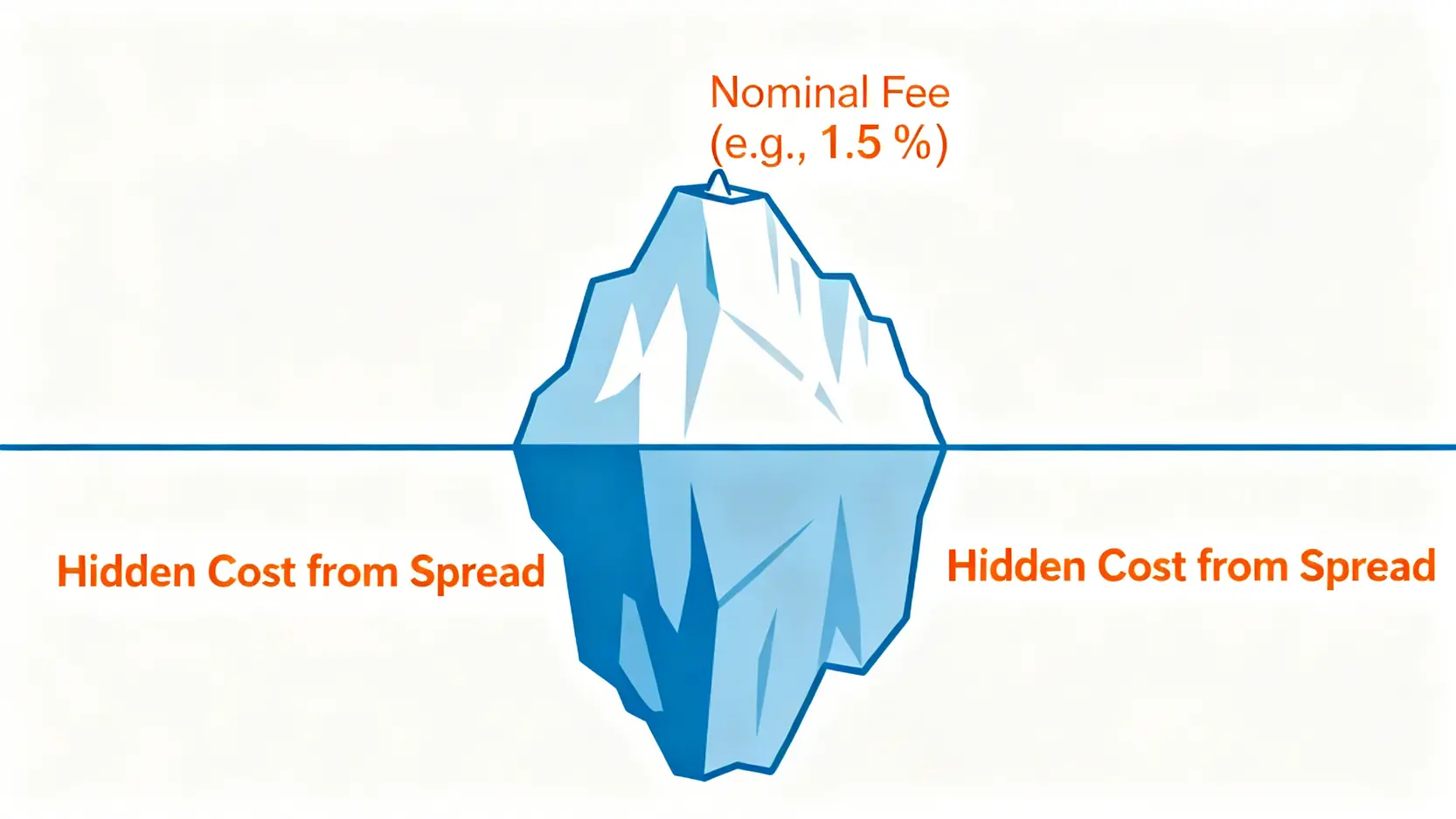 換匯成本冰山圖,顯示名目手續費只是總成本的一小部分,而隱藏的匯差成本才是主體。