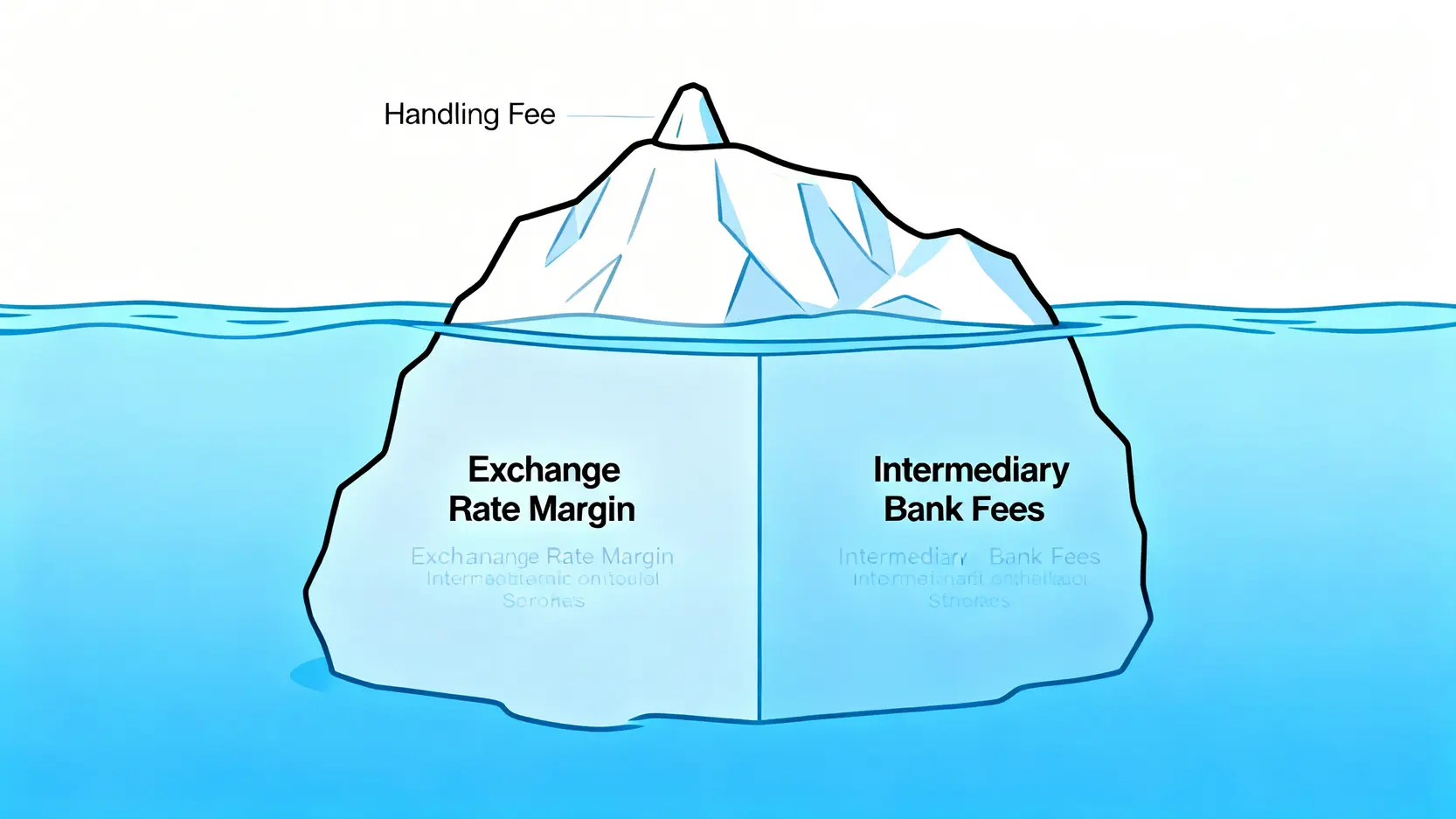 外幣轉賬成本冰山模型圖,顯示手續費只是可見的小部分,而匯率價差和中間行費用是隱藏在水下的巨大成本。