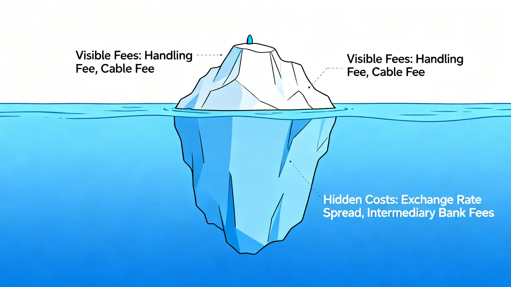 一張海外匯款成本冰山示意圖,水面上可見的手續費只佔一小部分,水面下隱藏著巨大的匯率利差與中轉行費用。