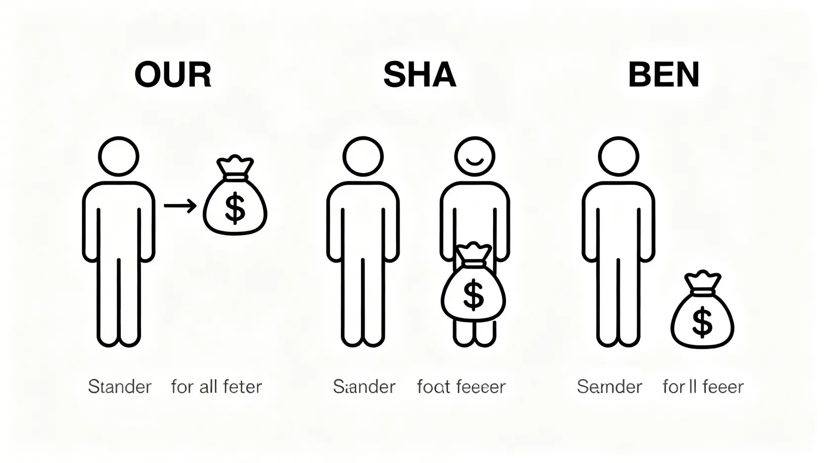 一張對比圖,解釋國際匯款中OUR、SHA、BEN三種費用代碼的區別,以及各自費用由誰承擔。