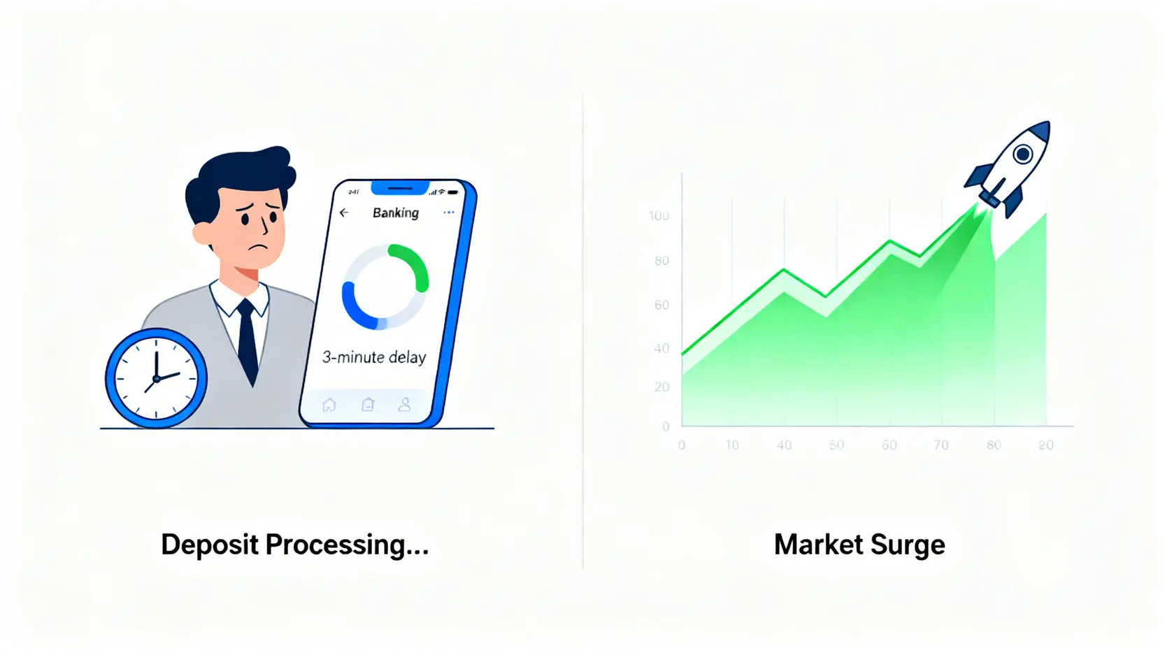 一位期貨交易員因入金延遲3分鐘而錯失市場大漲行情的概念圖。