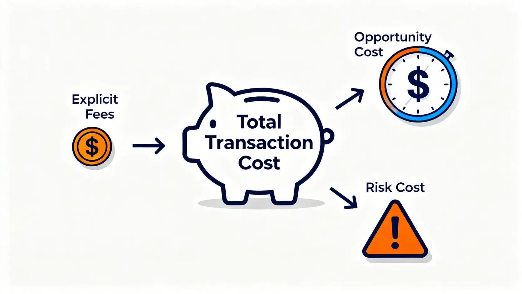 綜合交易成本概念圖,顯示其由明面手續費、隱藏機會成本與潛在風險成本三部分組成。