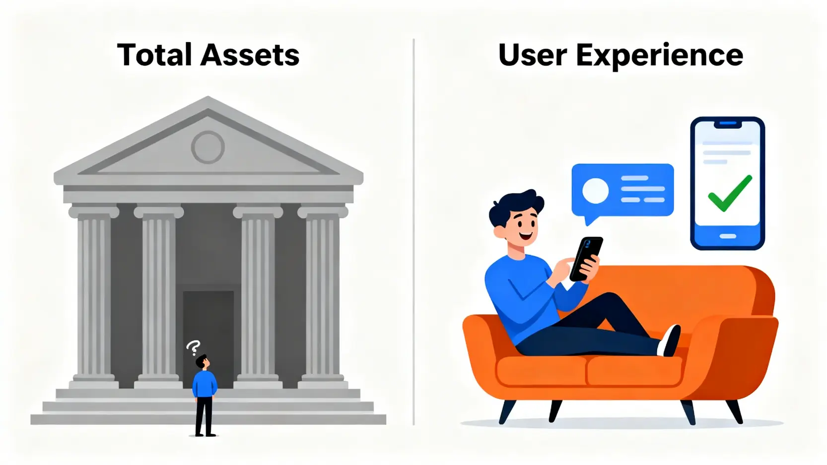 傳統銀行資產規模與現代用戶數位體驗的對比圖