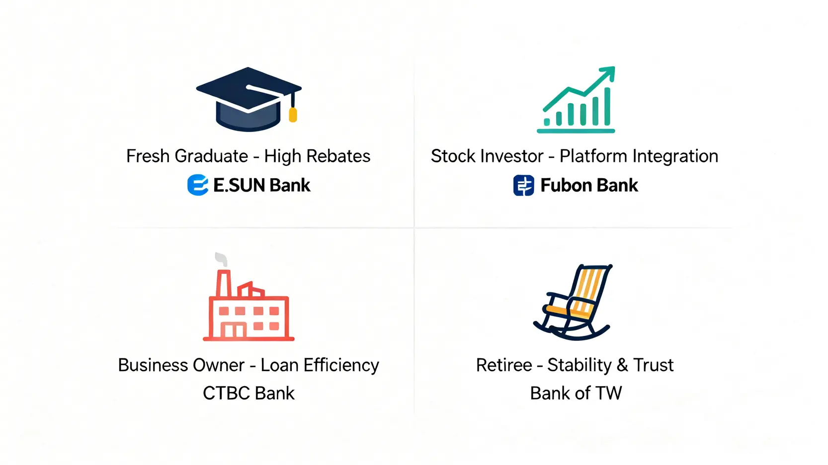 針對社會新鮮人、存股族、企業主、退休族四大族群的最佳銀行選擇推薦圖