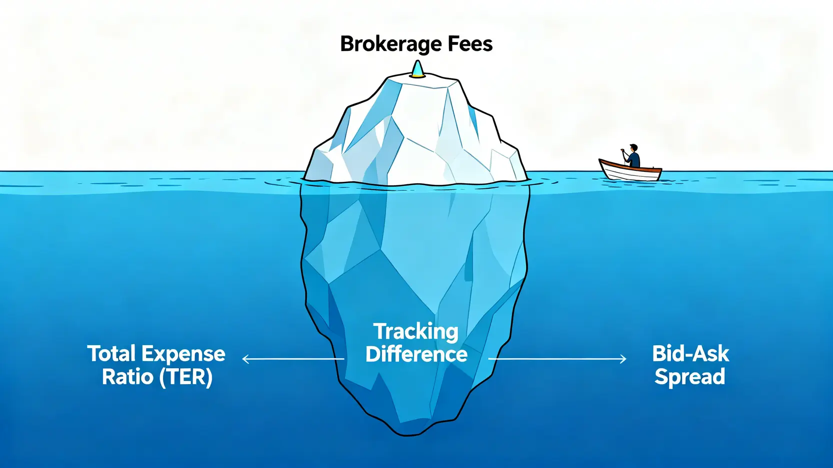 ETF投資成本冰山圖,顯示可見的手續費只是冰山一角,而水面下隱藏著總費用率、追蹤誤差和買賣價差等巨大成本。