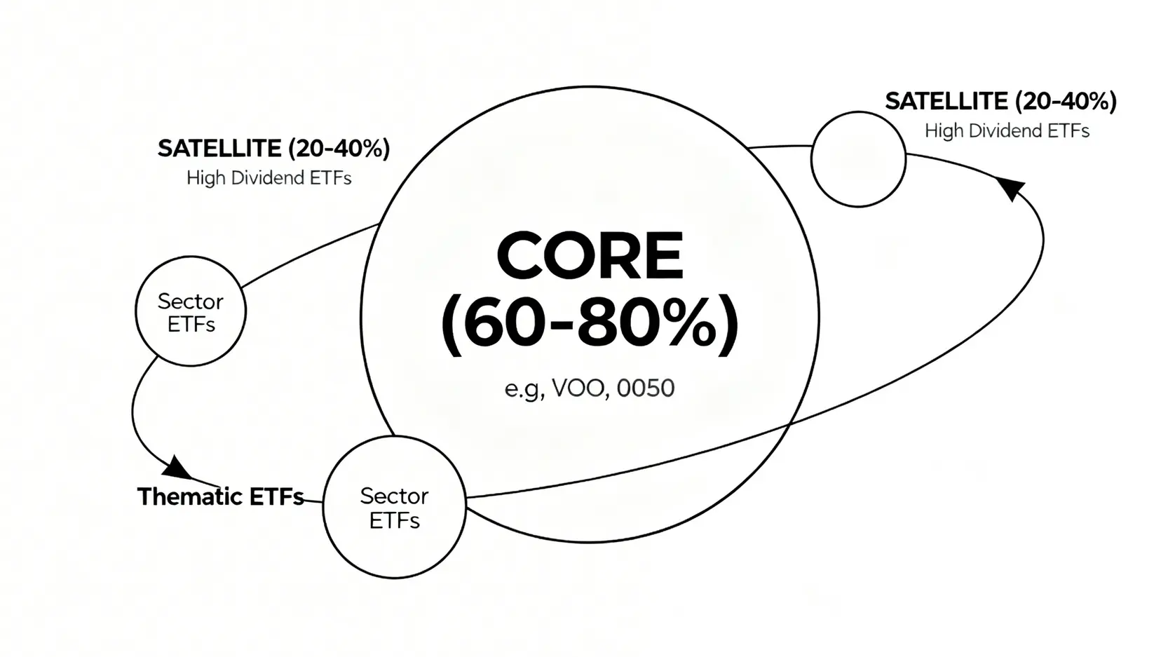 核心-衛星投資策略示意圖,展示了以市值型ETF(如VOO