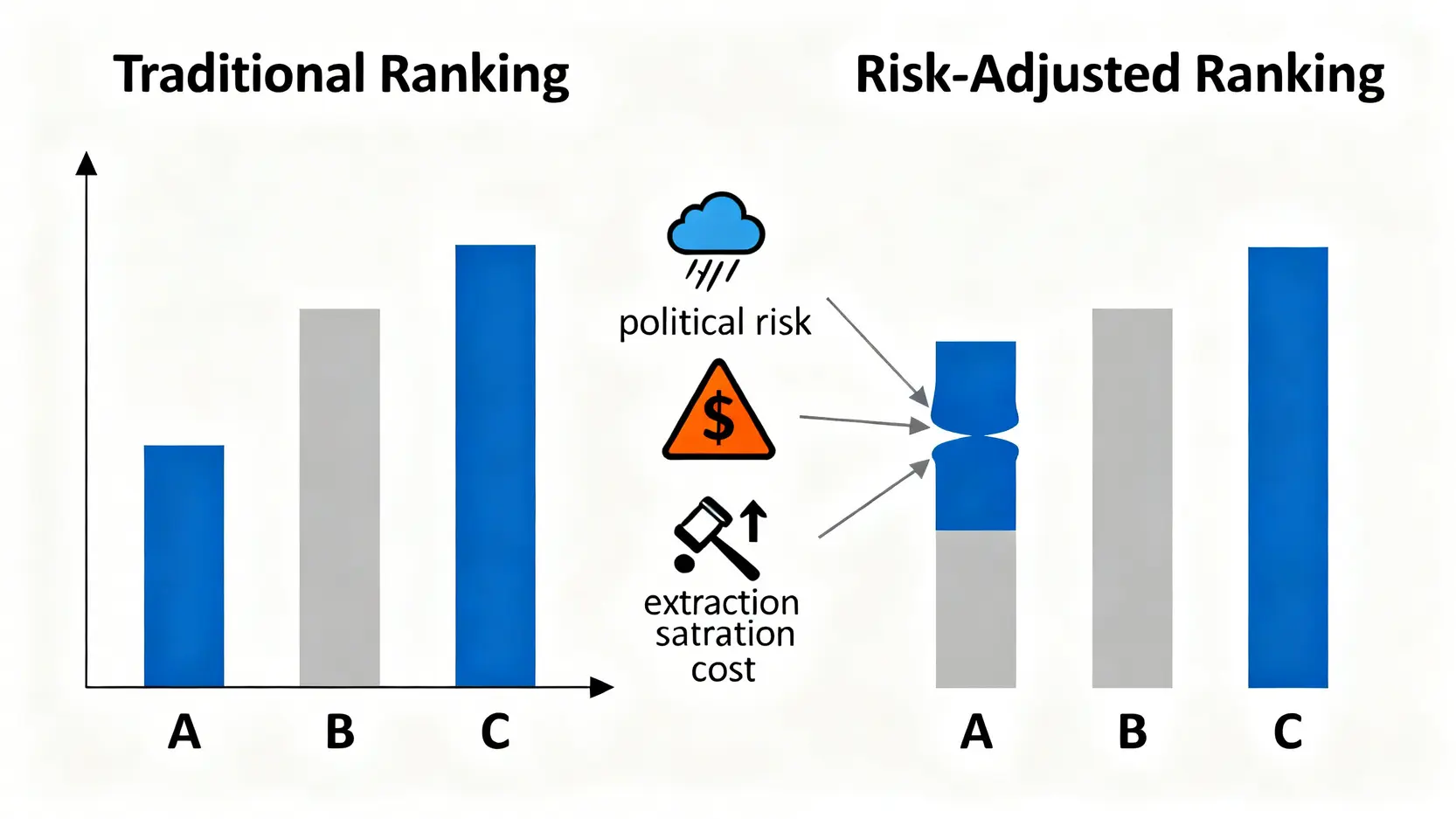 風險調整後原油儲量與傳統儲量排名的概念對比圖。