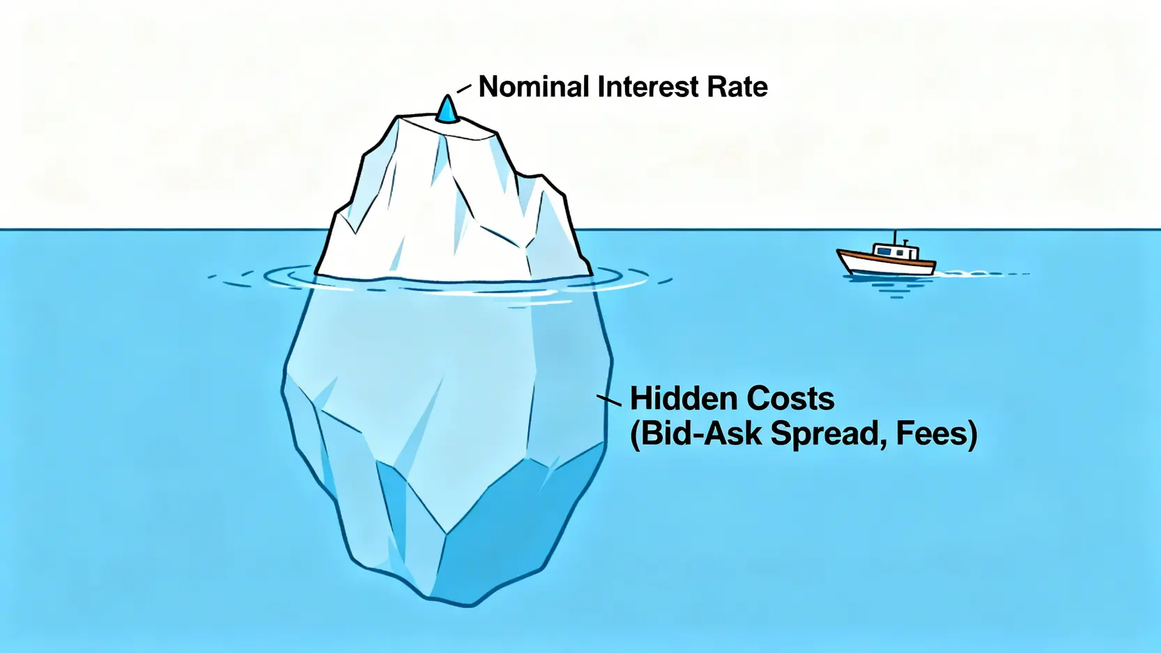 外幣投資中的冰山比喻圖,顯示牌告利率只是水面上的冰山一角,而換匯價差等隱藏成本是水面下更巨大的部分。