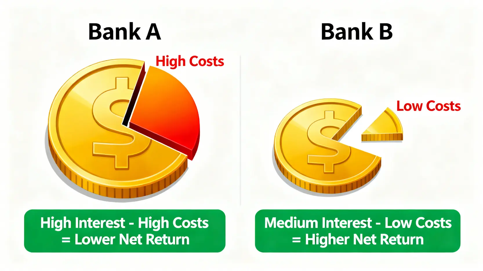 A銀行與B銀行外幣定存收益對比圖,顯示B銀行雖利率較低,但因隱藏成本更低,最終實際收益更高。