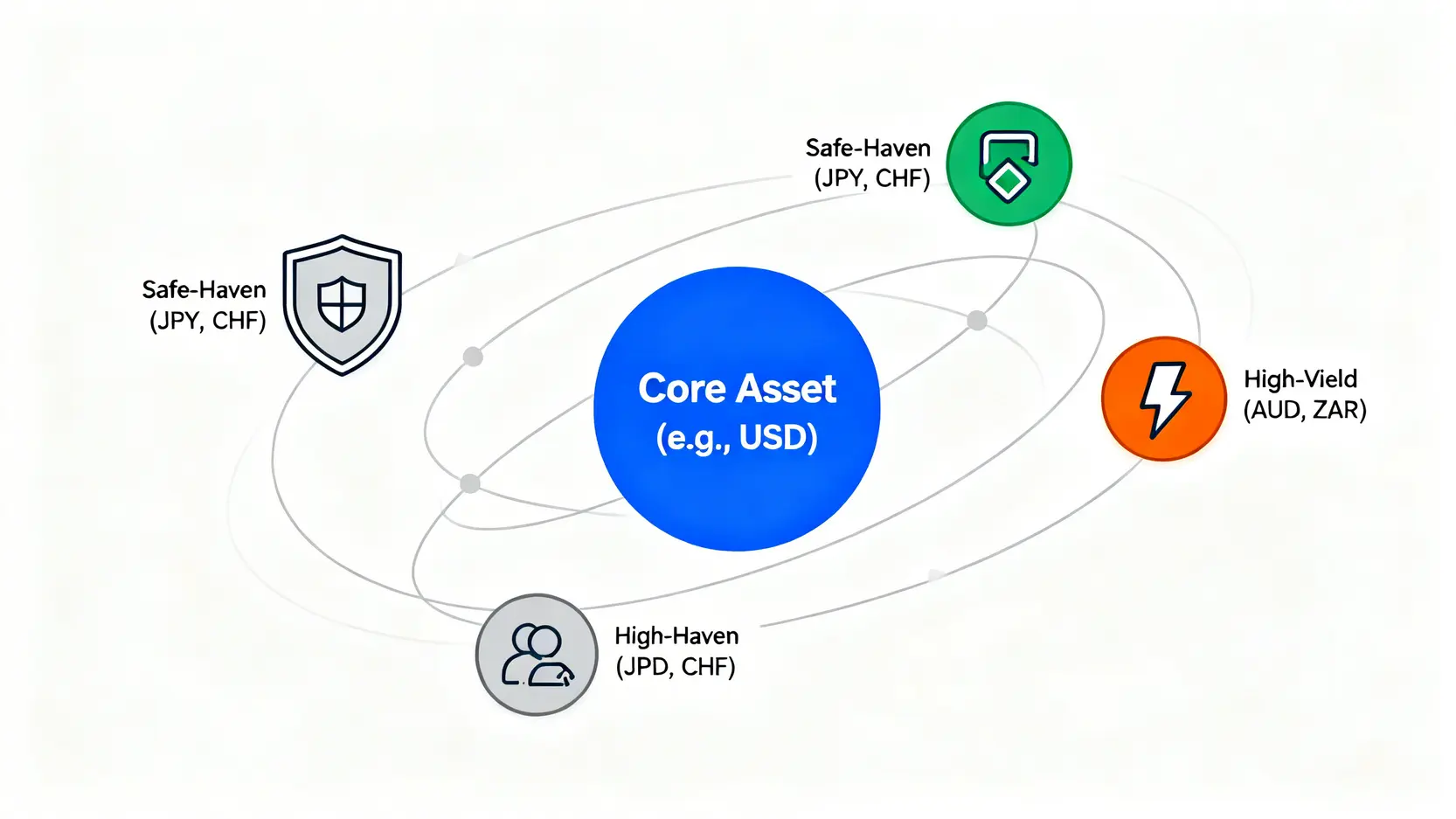 多元外幣資產配置示意圖,以美元為核心,搭配日圓、瑞郎等避險貨幣作為防禦,以及澳幣等高息貨幣增強收益。