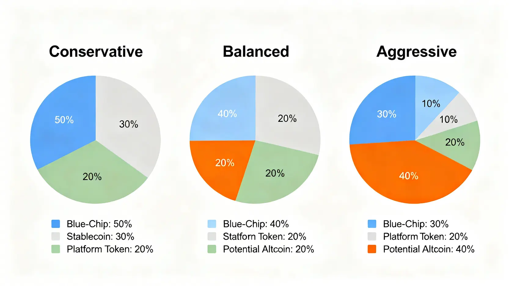 三種不同風險偏好的虛擬貨幣投資組合配置比例餅圖