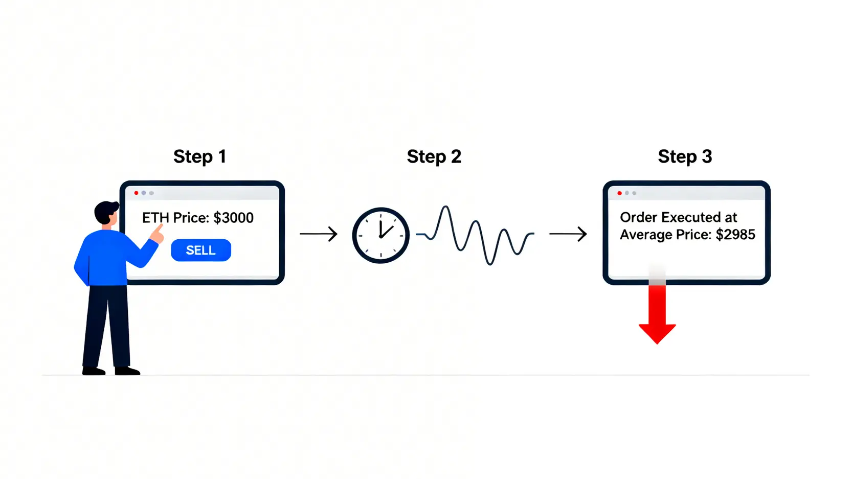 一個解釋加密貨幣交易滑點概念的示意圖,顯示預期賣出價格與實際成交價格之間的差異。