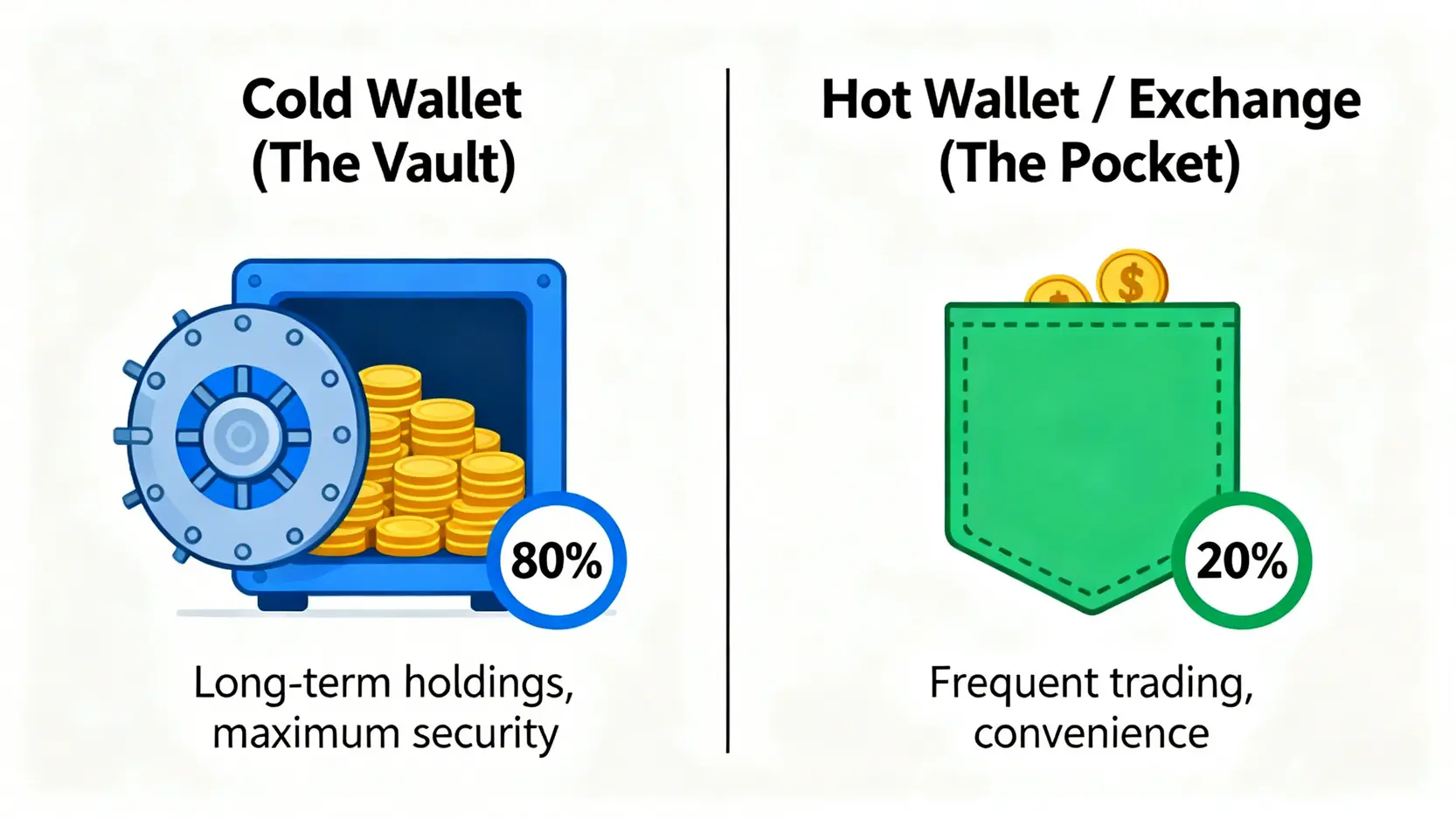 一張概念圖,解釋加密貨幣資產的『金庫與口袋』分離策略,比較冷錢包(金庫)與熱錢包(口袋)的資產分配比例。