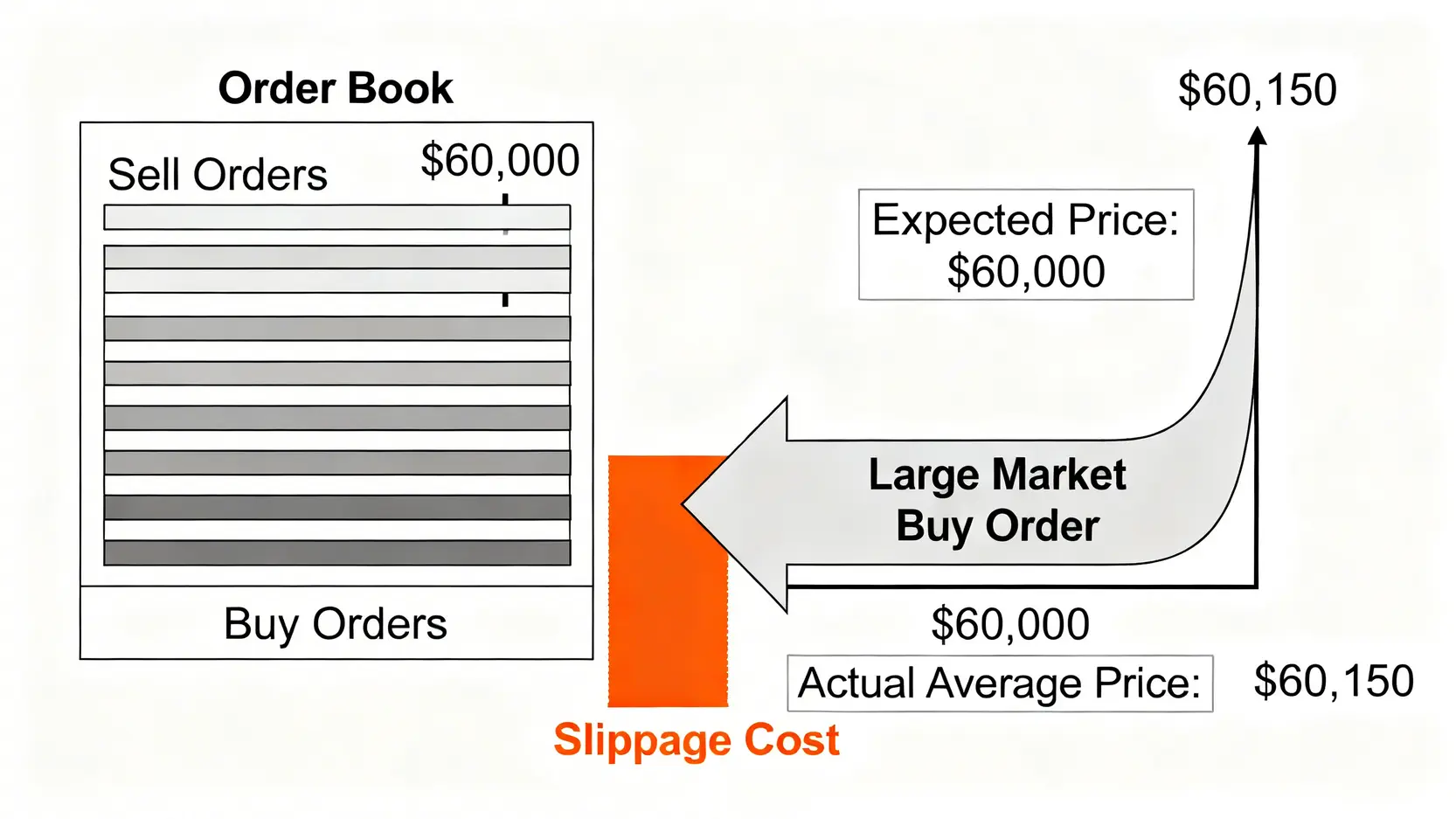 交易滑點示意圖,顯示大額市價買單如何導致實際成交均價高於預期價格。
