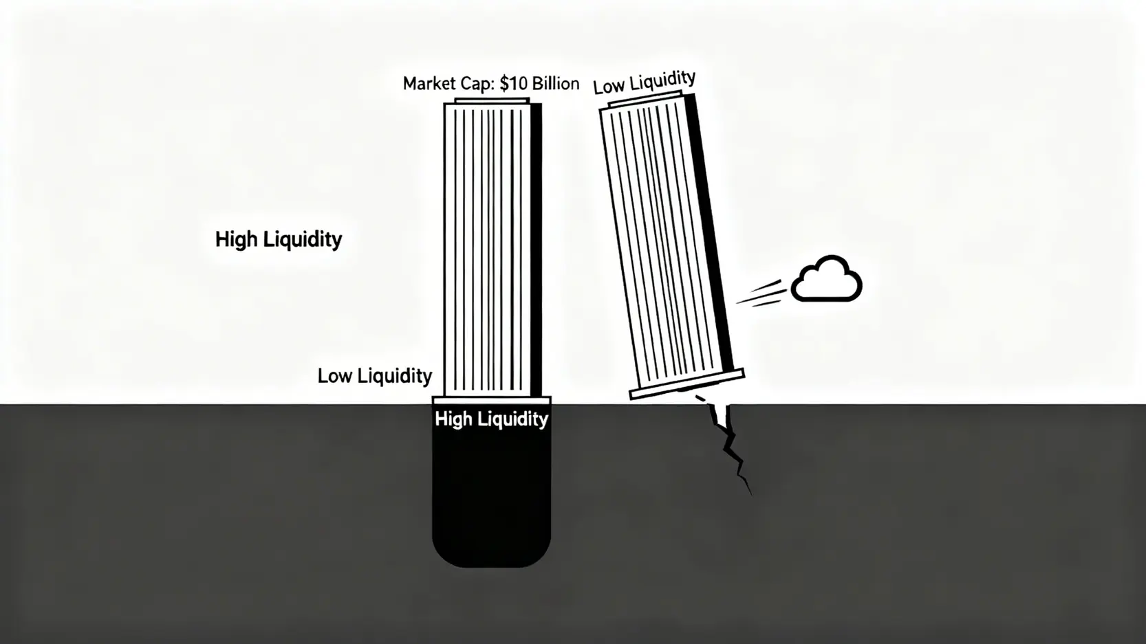流動性深度對比圖,顯示兩個相同市值的資產,一個因流動性深而穩固,另一個因流動性淺而脆弱。