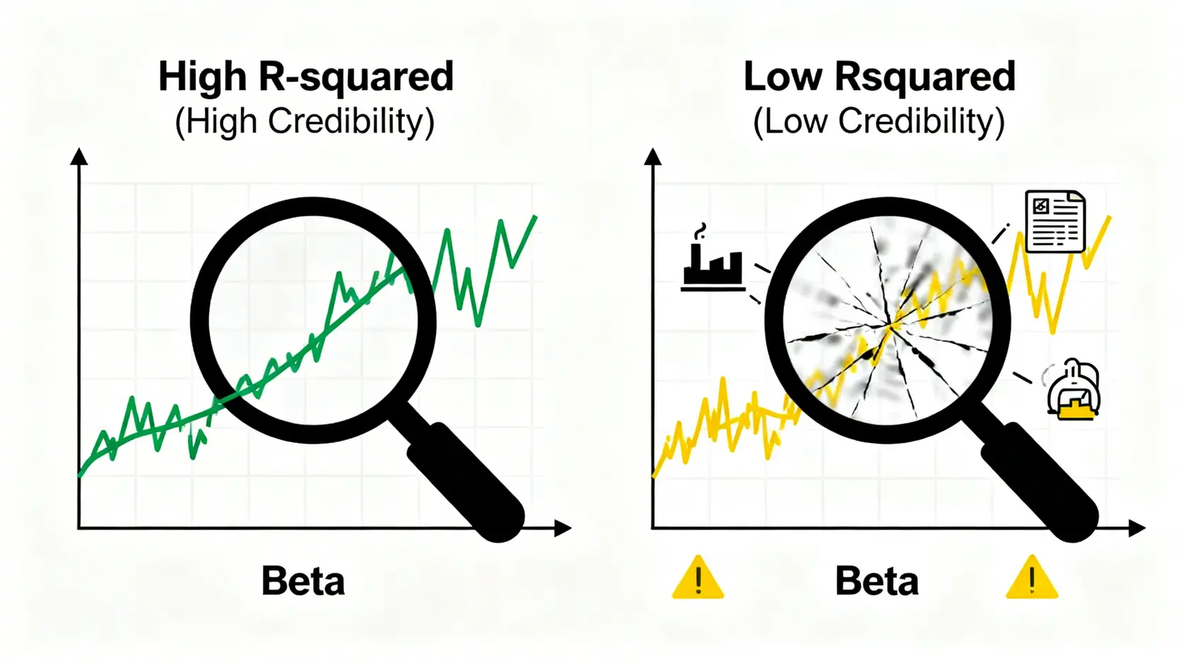 R-squared值如何影響Beta值的可信度:高R-squared表示Beta值可靠,低R-squared表示Beta值參考性低。