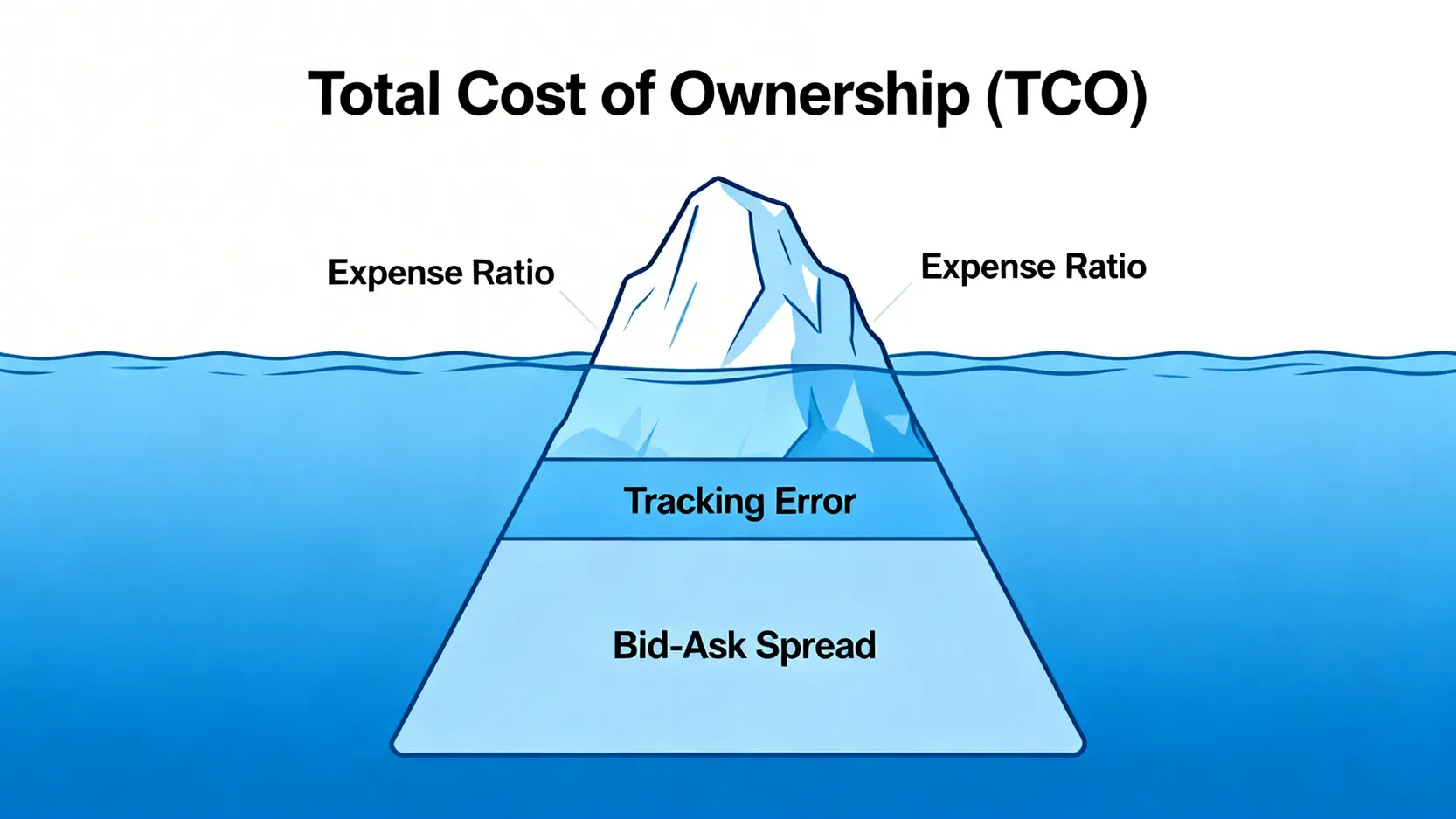 ETF總持有成本的冰山模型圖,顯示內扣費用只是可見的一小部分,水面下隱藏著更大的追蹤誤差與交易價差成本。