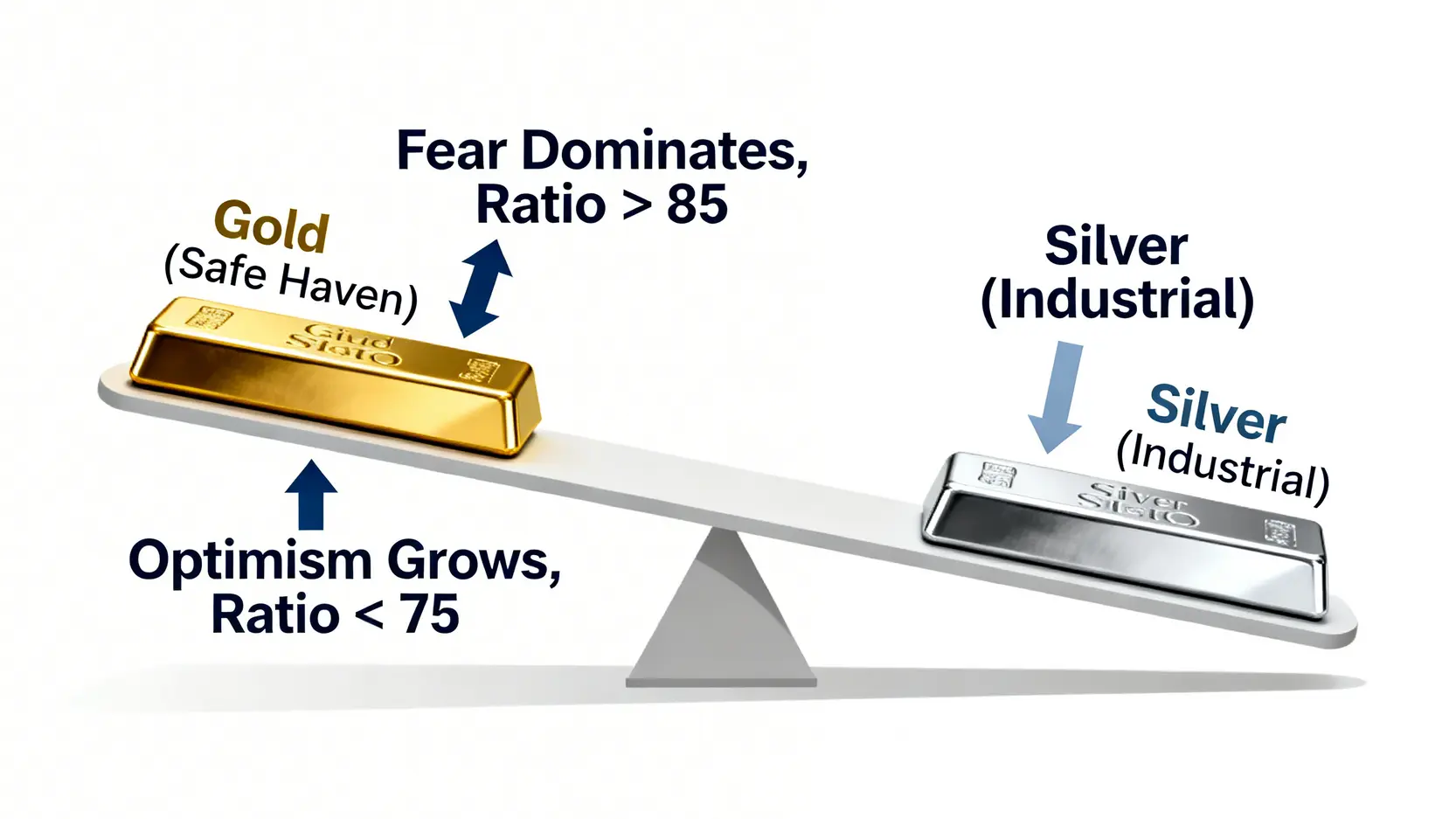 金銀比蹺蹺板概念圖,解釋市場恐慌時黃金相對強勢,市場樂觀時白銀相對強勢的關係。