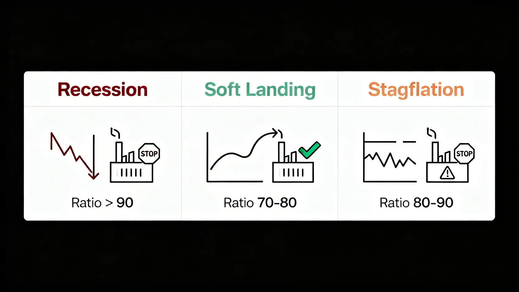 三種經濟情境對比圖,顯示硬著陸、軟著陸與停滯性通膨對金銀比的影響。