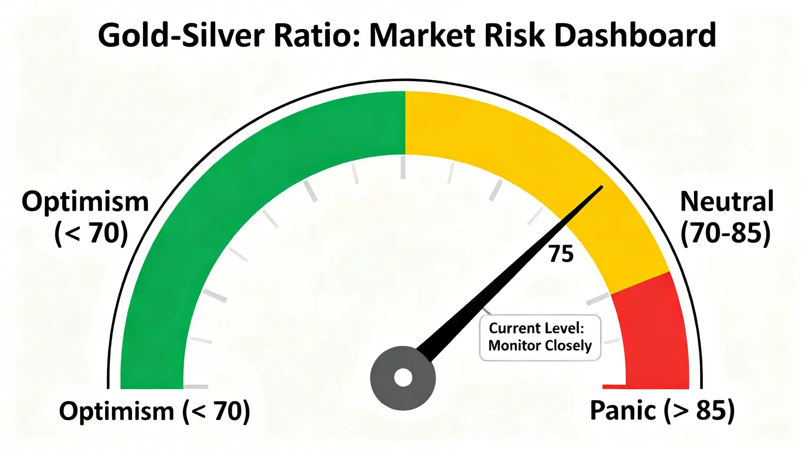 金銀比風險儀表板,將比率分為樂觀、中性、恐慌三個區間,以監控市場情緒。