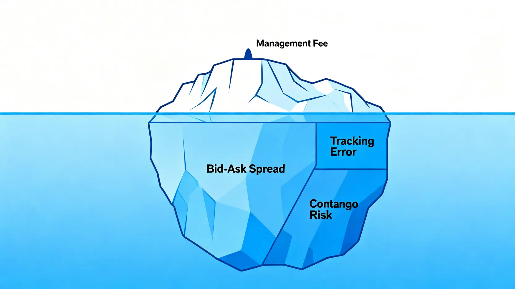 ETF總持有成本冰山圖,顯示管理費只是冰山一角,水下還有買賣價差、追蹤誤差和轉倉成本等隱藏費用。
