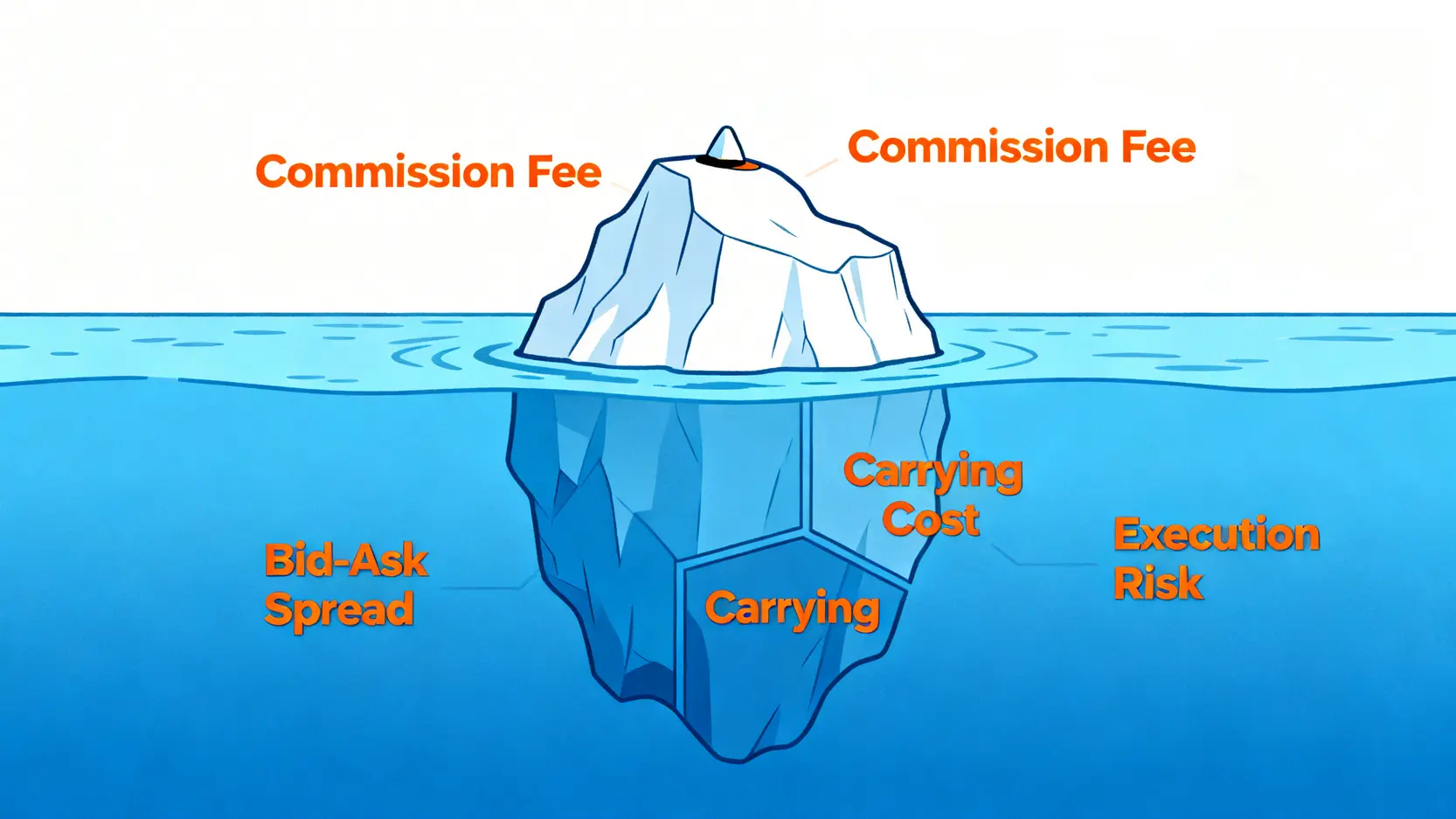 總摩擦成本冰山圖,顯示手續費只是冰山一角,而水面下隱藏著買賣價差、持有成本與執行風險等更巨大的成本。