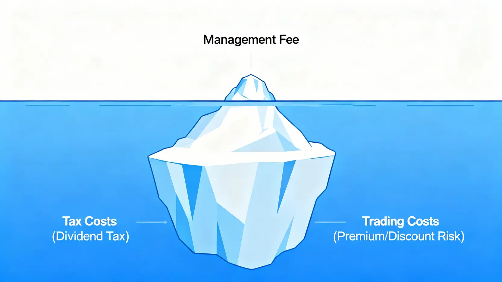 ETF總持有成本冰山模型圖,顯示管理費只是可見的小部分,而水面下的稅務與交易成本佔據更大比例。