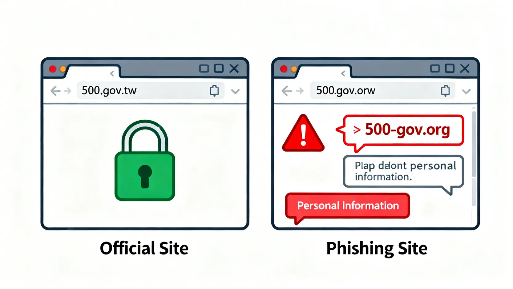 官方運動幣網站與釣魚詐騙網站的對比圖,顯示了安全鎖頭和正確網址的重要性。