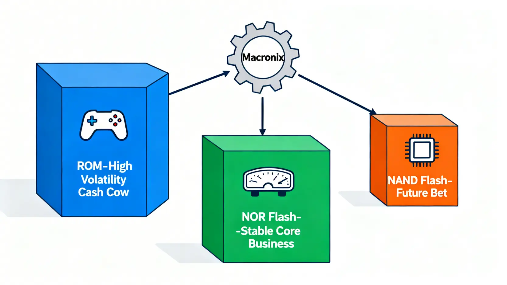 旺宏電子的三大核心業務示意圖,包含ROM、NOR