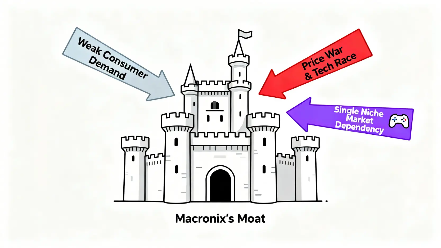 一張圖說明旺宏面臨的三大營運風險:消費需求疲軟、供應鏈價格戰與技術追趕、以及對單一利基市場的依賴。