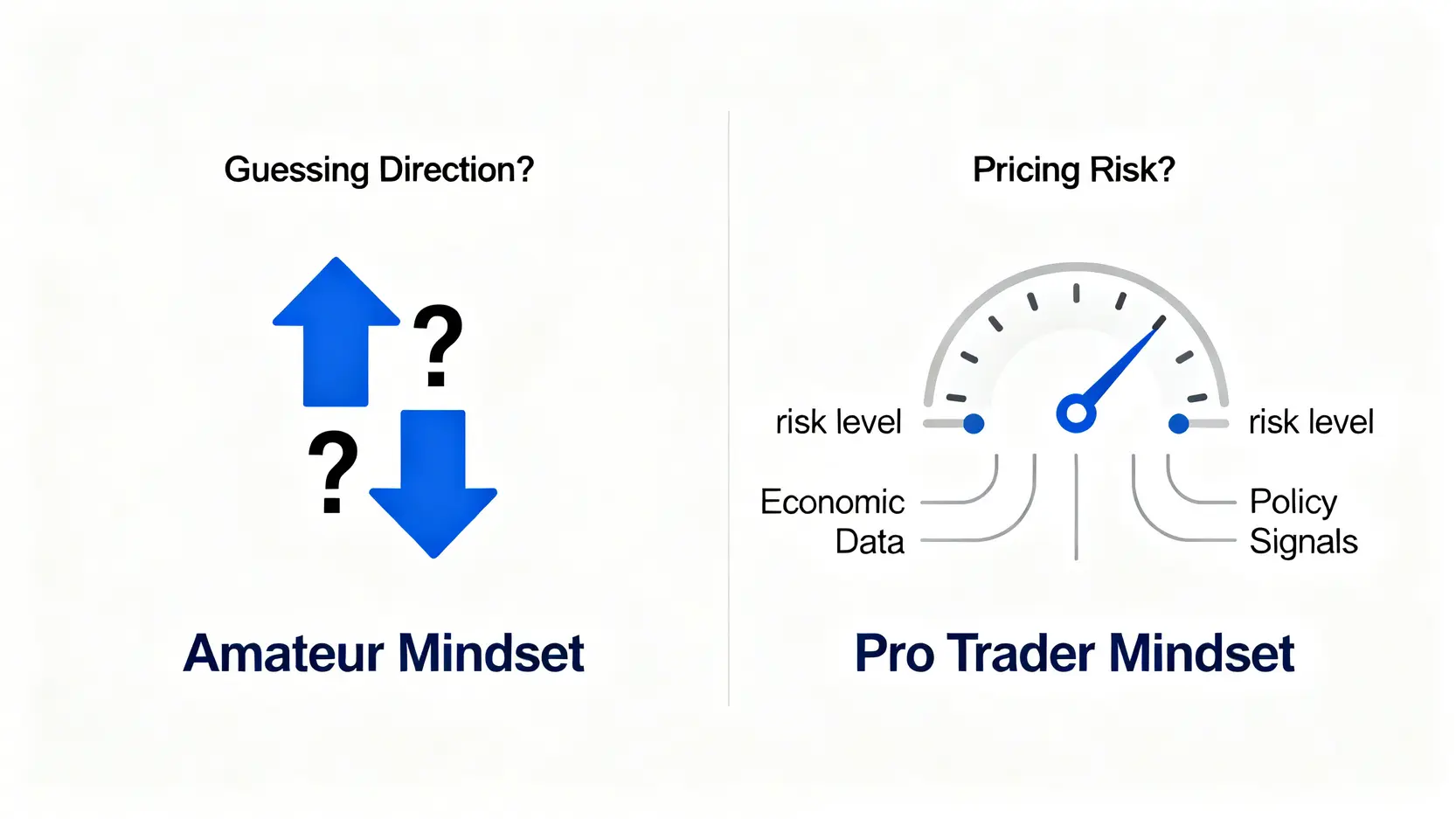 一張對比圖,說明業餘投資者在夜盤賭方向與專業交易員評估風險定價的思維差異。