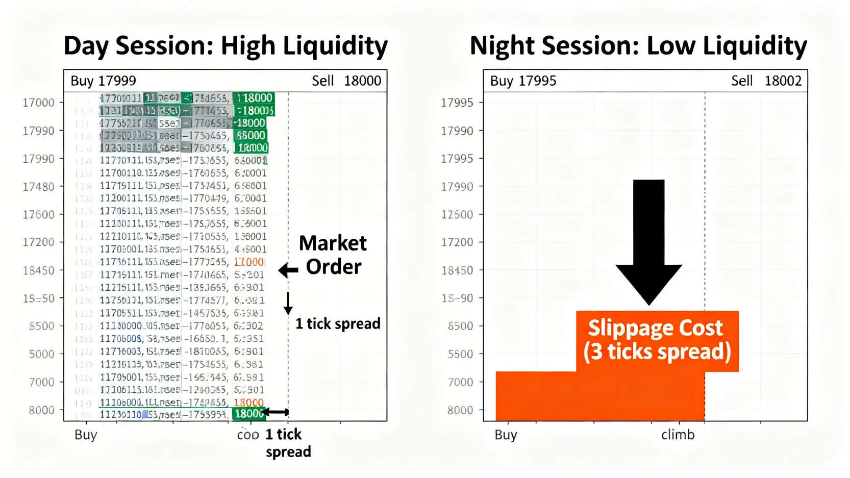 一張圖表演示日盤與夜盤的市場流動性差異,解釋為何夜盤的滑價成本更高。