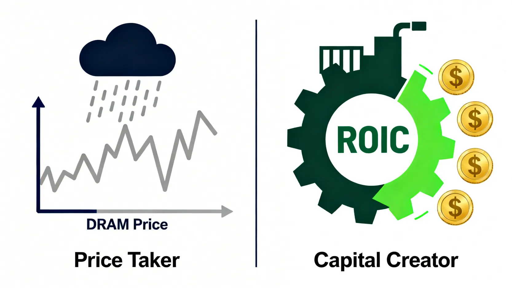 兩種評估力積電的思維模型對比圖:左側是依賴DRAM報價的被動模式,右側是關注投入資本回報率(ROIC)的主動模式。
