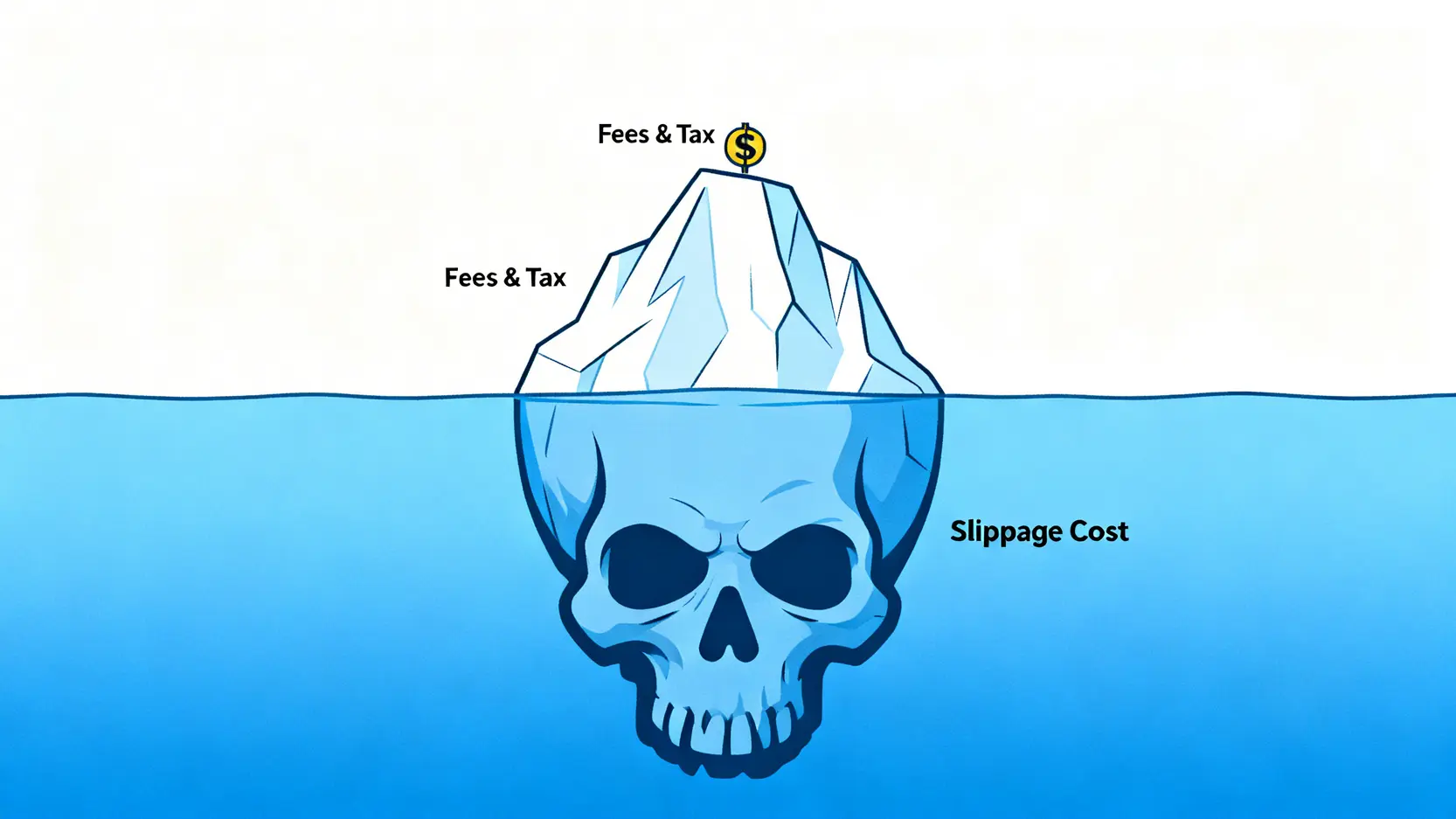 一張交易成本冰山圖,顯示手續費是可見的小部分,而滑點是水面下巨大的隱性成本。