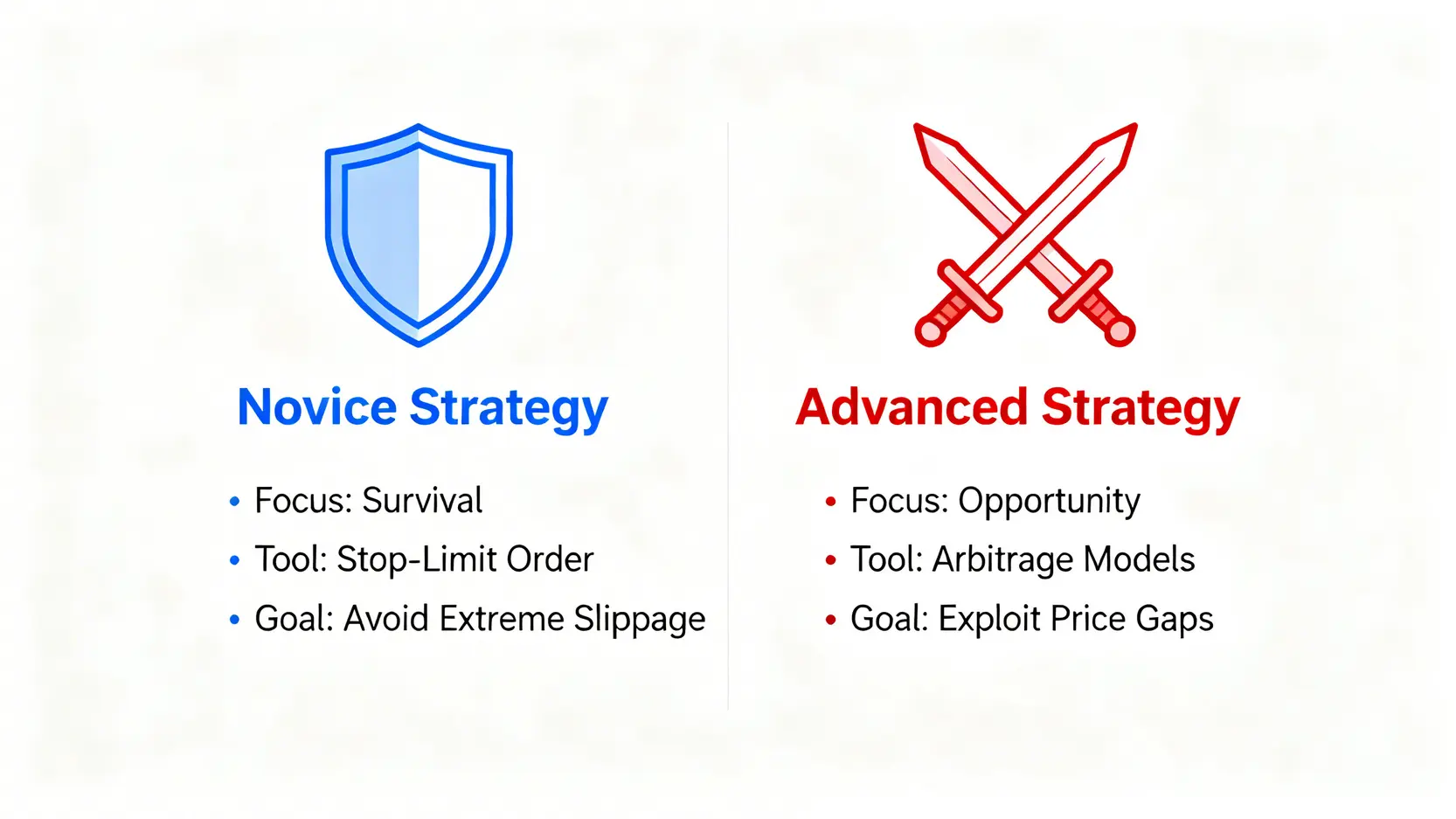 一張對比圖,比較夜盤交易中新手與高階操盤手的策略差異:新手重防守求生存,高階操盤手重攻擊尋找套利機會。