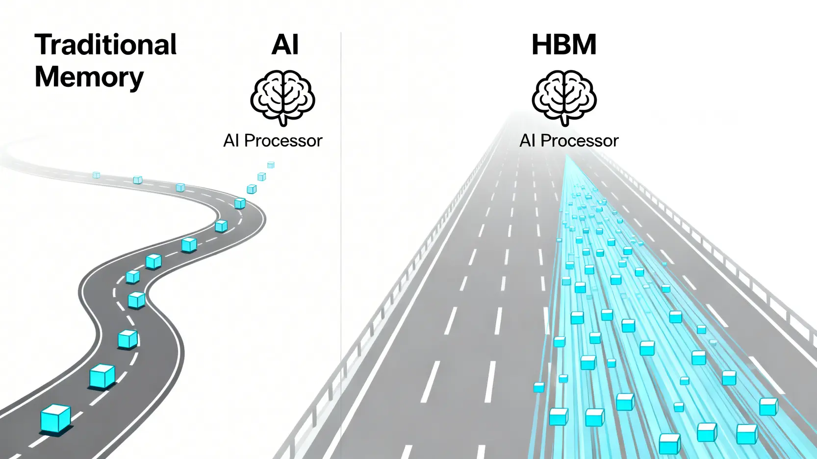 HBM高頻寬記憶體與傳統記憶體的數據傳輸效率對比圖