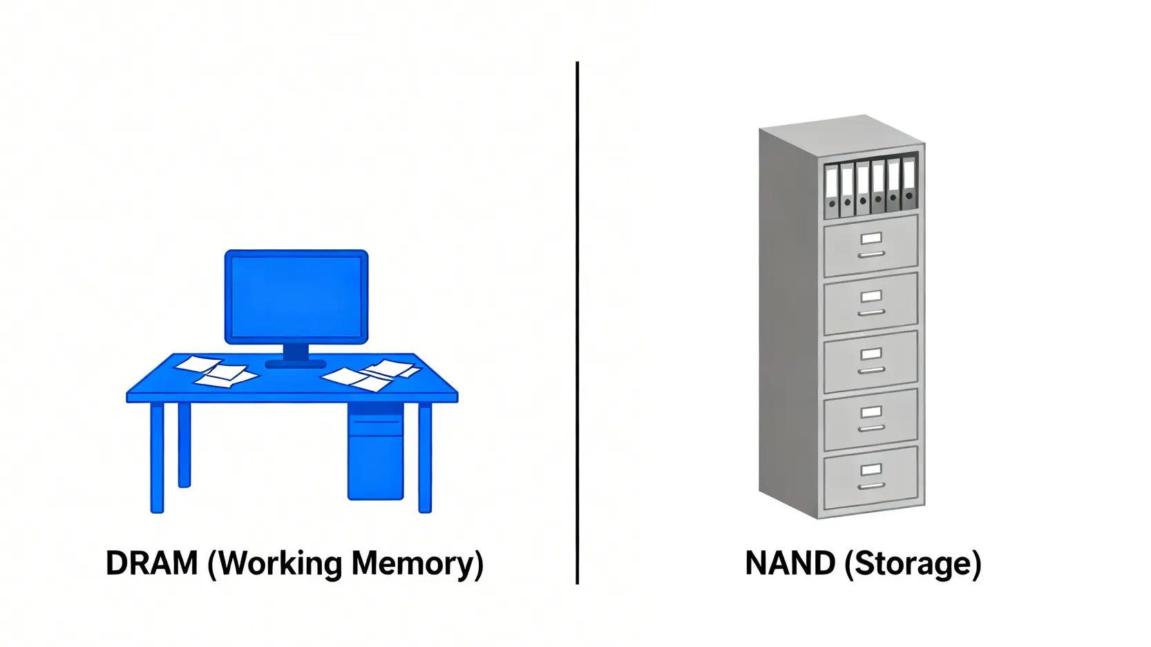 DRAM與NAND快閃記憶體功能對比圖,左側是代表短期工作記憶的書桌,右側是代表長期資料儲存的檔案櫃。